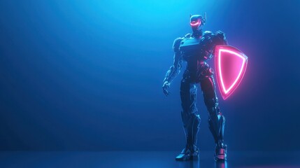 Fototapete - A futuristic robot holding a glowing shield, standing confidently against a bright blue background symbolizing digital security