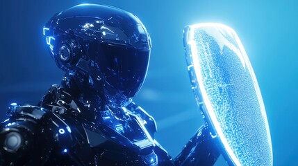 Poster - A futuristic robot wielding a luminous shield, symbolizing digital protection and innovation, set on a bright blue backdrop