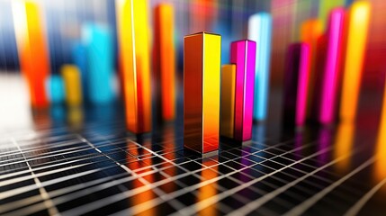 Poster - A close-up view of a 3D bar chart with sleek, metallic bars rising from a grid floor, showcasing financial performance in vivid colors