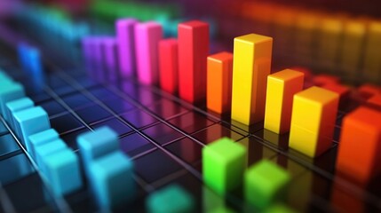 Poster - A close-up view of a 3D bar chart with sleek, metallic bars rising from a grid floor, showcasing financial performance in vivid colors