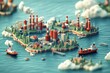 © wannathon - Industrial activity depicted on miniature island coastal waterway 3d artwork calm environment aerial view eco-awareness