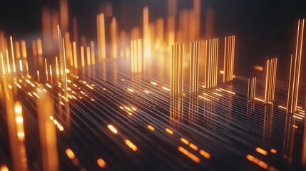 Poster - A dynamic 3D bar graph with glowing bars of varying heights, set on a sleek metallic surface, illustrating business and financial data trends