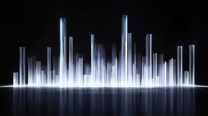 Poster - A futuristic 3D bar chart with long, vertical bars, each rising from a digital grid, representing data in a sleek, modern business setting