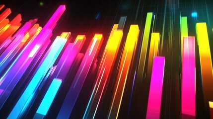 Poster - A futuristic 3D bar chart with multicolored bars, each representing a different category, displayed with shadow effects and illuminated in a digital space
