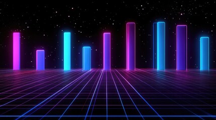 Poster - A futuristic 3D-rendered bar chart with glowing neon bars in shades of blue and purple, set against a dark background with grid patterns