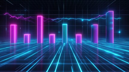 Poster - A futuristic 3D-rendered bar chart with glowing neon bars in shades of blue and purple, set against a dark background with grid patterns