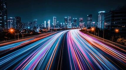 Poster - A futuristic cityscape illuminated by streaks of light moving rapidly through the streets, creating a high-tech, dynamic atmosphere