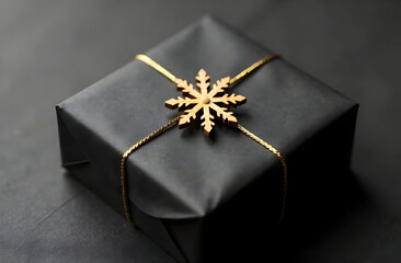 A sophisticated black gift box wrapped with golden string and adorned with a wooden snowflake ornament. Selective focus. Perfect for holiday promotions or festive design projects, father day concept