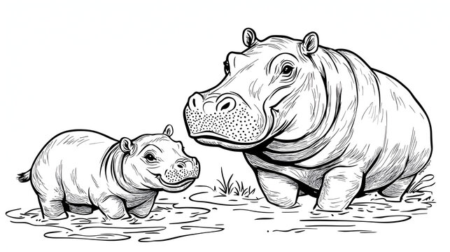 Line drawing of an adult hippopotamus and baby, white background, clip art style, coloring page for kids with crisp lines and white space to be colored in black.