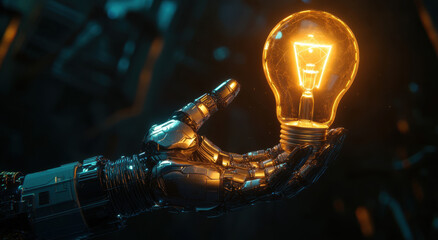 3D rendering of a robot arm holding a glowing light bulb on a black background