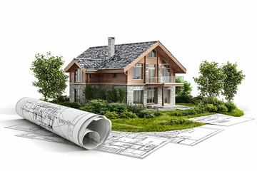 Poster - A modern house in the background, with blueprints and technical drawings of construction plans on top of it, in a white color with some green trees