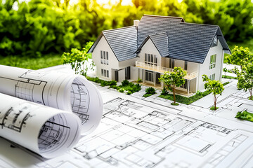 Poster - A modern house in the background, with blueprints and technical drawings of construction plans on top of it, in a white color with some green trees