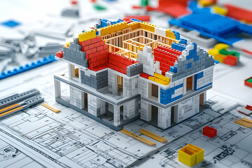 Poster - A realistic photograph of an industrial house under construction, featuring brick and concrete walls with steel frame structures