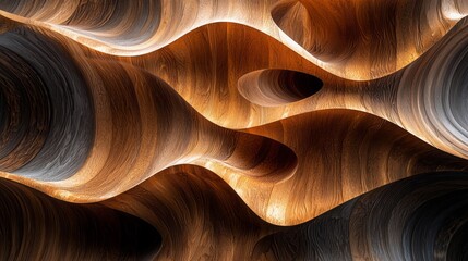 Poster - Undulating waves of polished wood form a captivating landscape, showcasing an interplay of light and shadow. The smooth curves evoke a sense of tranquility, inviting exploration