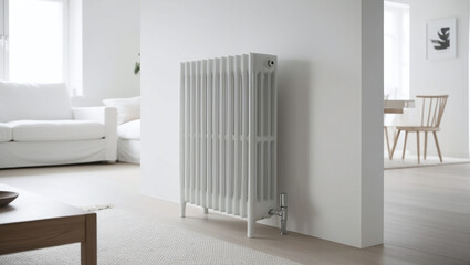 Wall Mural - White modern central heating generator by the wall in minimalistic apartment house interior, cold winter season heater