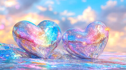 Wall Mural - Psychedelic hearts looking like air balloons, iridescent soap bubble colors, sky background