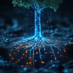 glowing tree roots digital nature smart agriculture technology