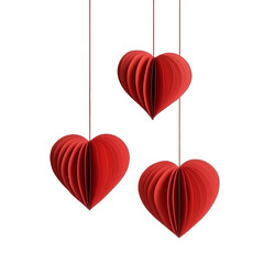 Hanging paper hearts for decoration on transparent background