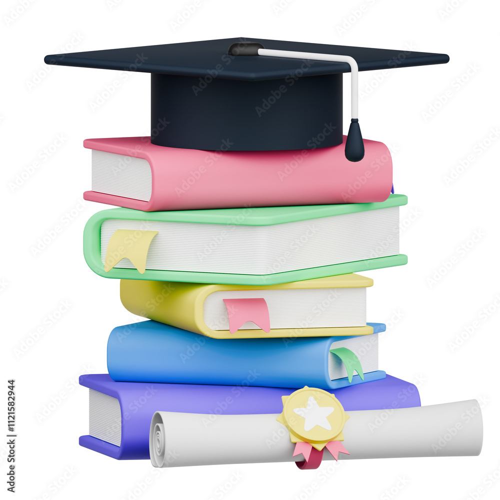 3D Rendering colorful stack of books with a graduation cap symbolizes ...