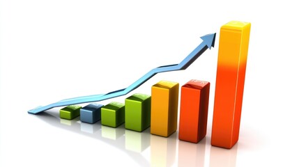 Poster - A vibrant 3D financial bar chart on a white background, showing upward business growth with sharp colors and modern design elements