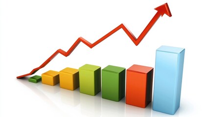 Poster - A vibrant 3D financial bar chart on a white background, showing upward business growth with sharp colors and modern design elements