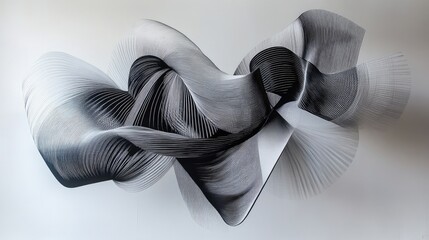 Poster - abstract black and white lines forming a dynamic, fluid shape, resembling waves, on a soft gray back