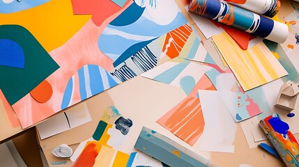 Wall Mural - A tabletop filled with various DIY materials like construction paper, fabric swatches, and paint, with a partially completed craft project showing a colorful abstract design.