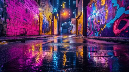 Wall Mural - Neon-lit graffiti alley, wet pavement reflects vibrant colors.