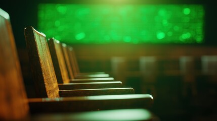 Poster - Holographic Courtroom Setting with Wooden Chairs and Green Environmental Background