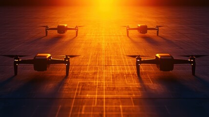 Poster - Futuristic AI-Powered Delivery Drones in a Glowing Setting with Radiant Sunset Background