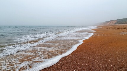 Poster - A serene morning unfolds along the Mocha Mousse, where soft waves kiss the sandy shore. The hazy horizon blends seamlessly into the calm sea, creating a peaceful atmosphere