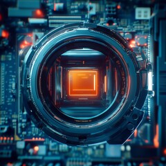 Poster - A close-up view of a futuristic camera lens surrounded by digital circuitry, showcasing advanced technology and detail.