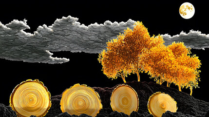 Sticker - Artistic view of golden logs under a full moon