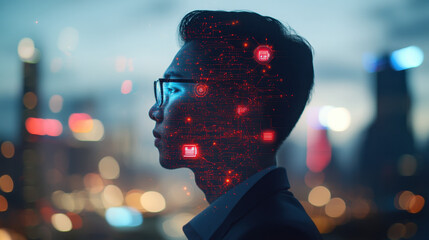 Side profile of an IT professional wearing glasses, with a double exposure of a digital cityscape and technological symbols in the background. 