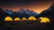 © demzp - Camping under stars in mountainous region at twilight with glowing tents