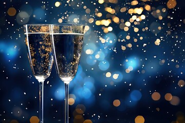 two glasses of champagne on dark blue background with lights bokeh, glitter and sparks. christmas ce