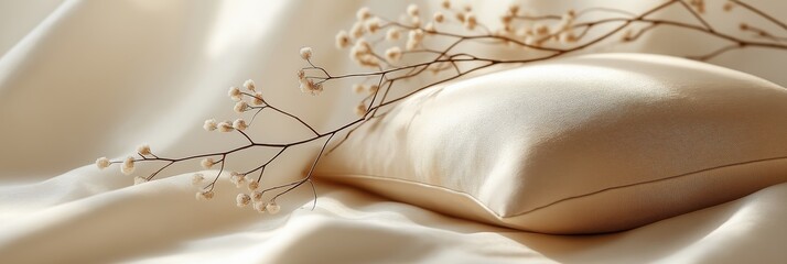 Wall Mural - A minimalistic stock background featuring a soft beige pillow and delicate floral branches on smooth fabric