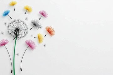Poster - A cheerful 2D illustration of a dandelion puff with seeds floating playfully in the air, drawn with vibrant colors on a white background
