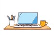 © Thanyarat - A clean flat vector design of a desktop setup with a tablet, a laptop, and a coffee cup, drawn in cheerful pastel tones on a white canvas