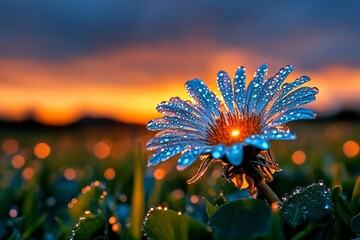 Poster - A close-up of a dew-covered dandelion puff at dawn, with sparkling droplets catching the golden light
