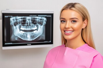 A dentist explaining a treatment plan to an adult patient using digital X-rays displayed on a monitor