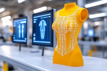 Poster - A detailed 3D illustration of a product prototype surrounded by digital screens displaying design concepts and color options