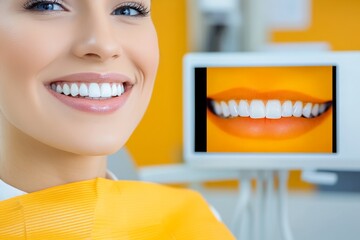 Poster - A digital display showing before-and-after images of a patient smile transformation, placed beside a dental chair