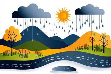 Poster - A flat vector design of a landscape showing the water cycle with rivers, rain, and sun, in bright, cheerful tones on a white canvas