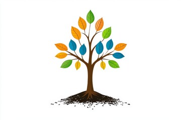 Poster - A flat vector design showing a seed sprouting into a tree and returning to the soil, with vibrant colors on a clean white canvas