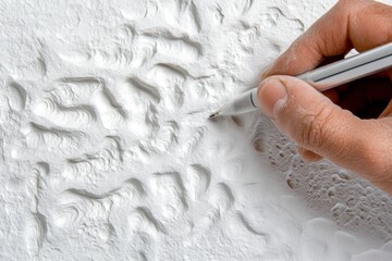 Poster - A hyper-realistic close-up of a designer hand sketching on a textured paper with a fine-tip pen, capturing intricate shading and lighting details