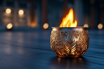 Aufkleber - A hyper-realistic close-up of a glowing diya with intricate brass carvings, illuminating its surroundings in warm golden light