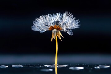 Poster - A hyper-realistic close-up of a single dandelion puff, with intricate details of each seed and stem, set against a softly blurred background