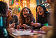 © RAIY - A group of friends joyfully playing a board game around a warmly lit table, their laughter and smiles reflecting the festive decorations and vibrant lights in the background. Generative AI