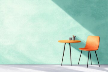 Poster - A minimalist composition of a drafting table and chair, drawn with clean lines and muted pastel tones